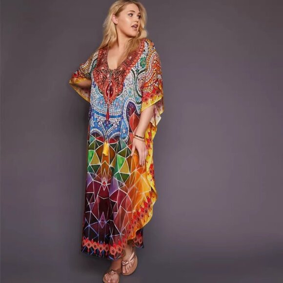 Dresses & Skirts - Robe retro hippie colorful Moroccan dress Quick dry beach dress